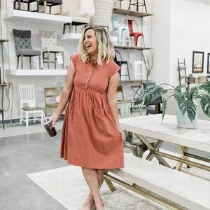 Emberley Rust Pinstripe Button Front Collared Dress XS Cotton Pockets